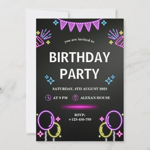 Black Purple Neon Modern Birthday Party Invitation