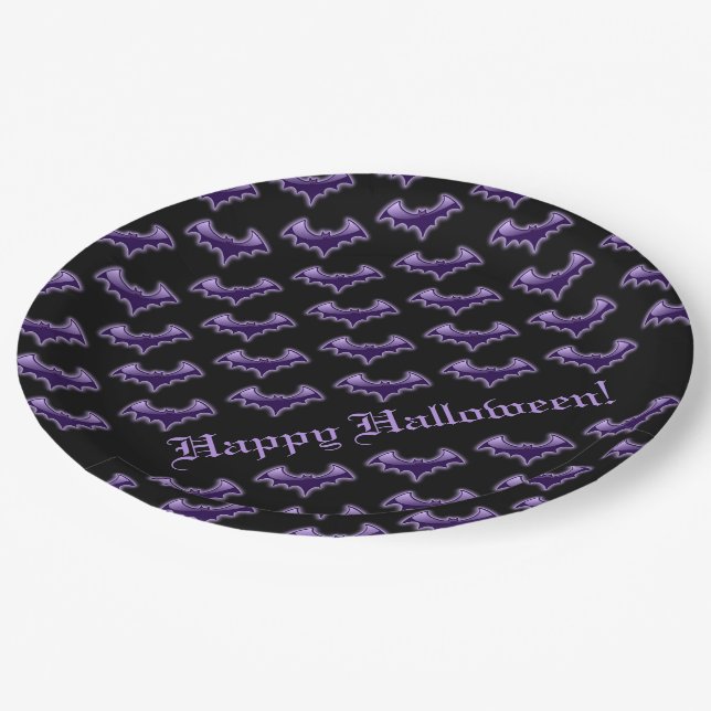 Black & Purple Night Wing Bats Paper Plates (Angled)