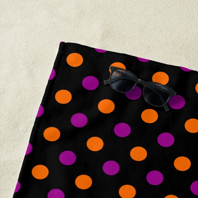Black Purple Orange Polka Dot Pattern Beach Towel (In Situ)