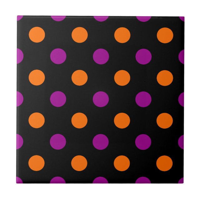 Black Purple Orange Polka Dot Pattern Ceramic Tile (Front)