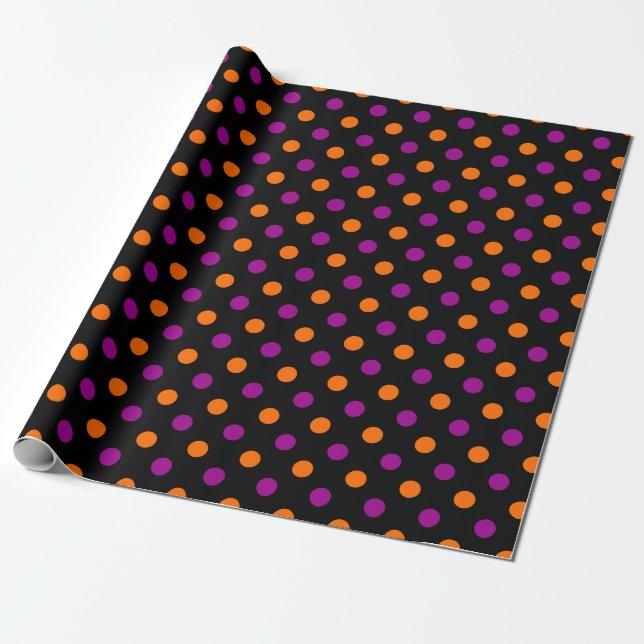 Black Purple Orange Polka Dot Pattern Wrapping Paper (Unrolled)