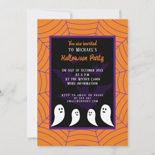 Black purple orange spider web Halloween ghost  Invitation