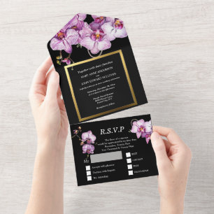 Black purple orchid flower gold wedding luxurious all in one invitation