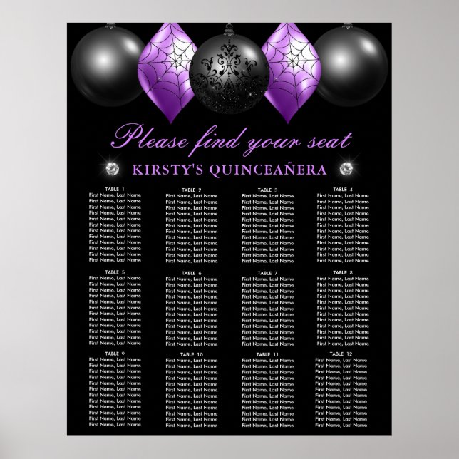 Black & Purple Ornaments Quinceanera Seating Chart (Front)