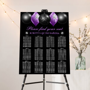 Black & Purple Ornaments Quinceanera Seating Chart Foam Board