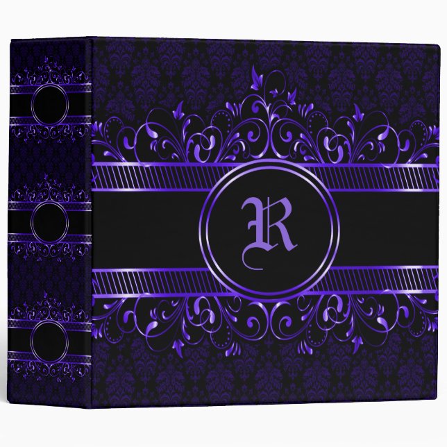 Black & Purple Ornate Gothic Monogrammed 3 Ring Binder (Front/Spine)
