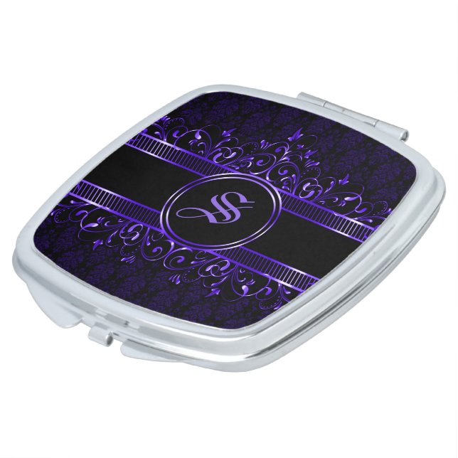 Black & Purple Ornate Gothic Monogrammed  Compact Mirror (Turned)