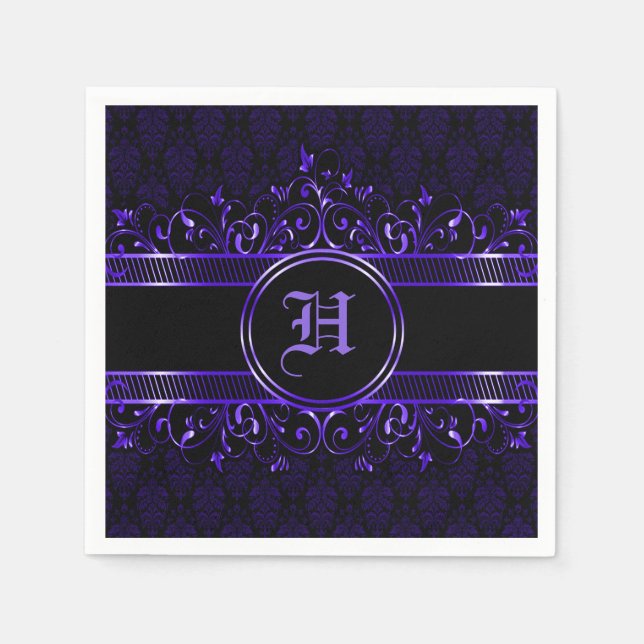 Black & Purple Ornate Gothic Monogrammed   Napkins (Front)