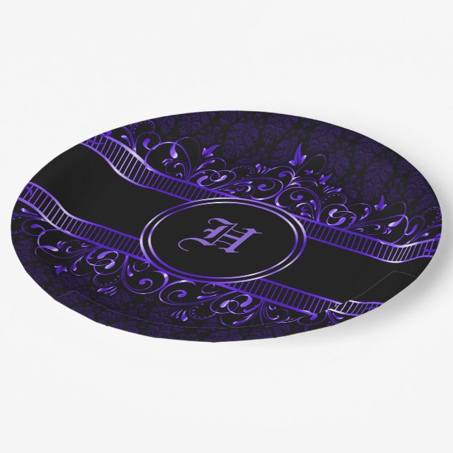 Black & Purple Ornate Gothic Monogrammed  Paper Plates (Angled)