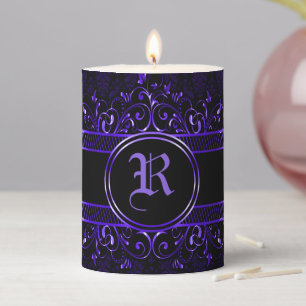 Black & Purple Ornate Gothic Monogrammed Pillar Candle