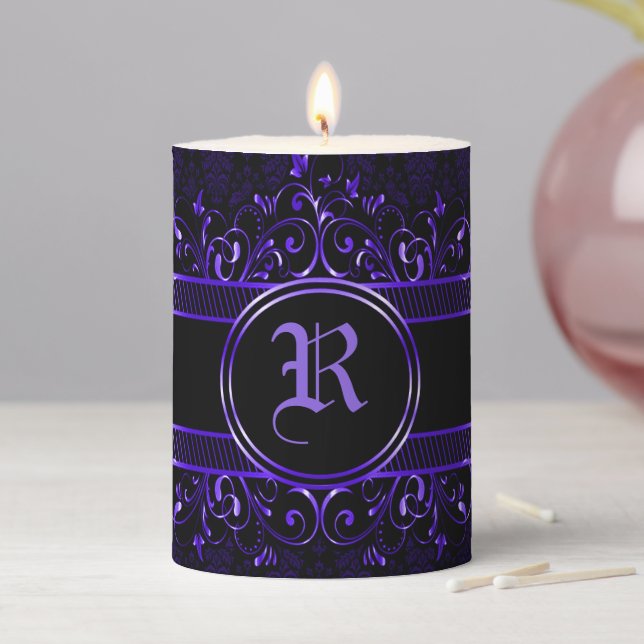 Black & Purple Ornate Gothic Monogrammed  Pillar Candle (In Situ)