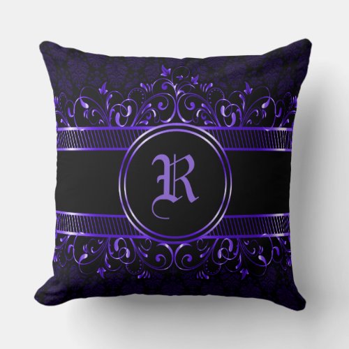 Black  Purple Ornate Gothic Monogrammed Throw Pillow