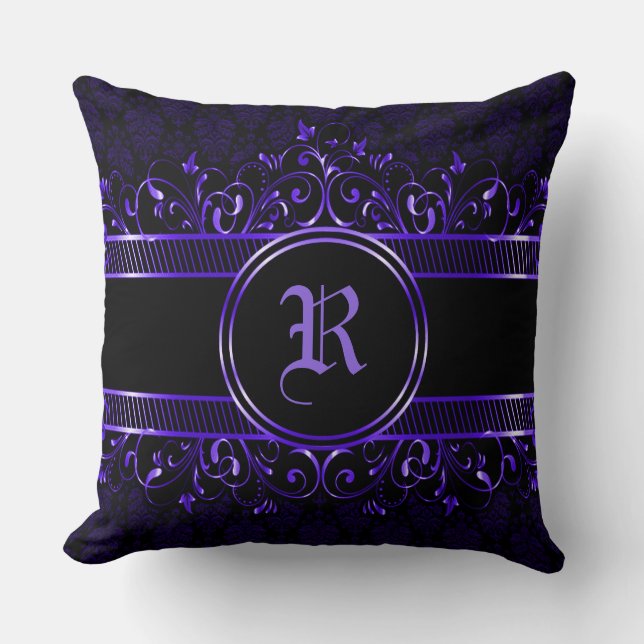 Black & Purple Ornate Gothic Monogrammed Throw Pillow (Front)