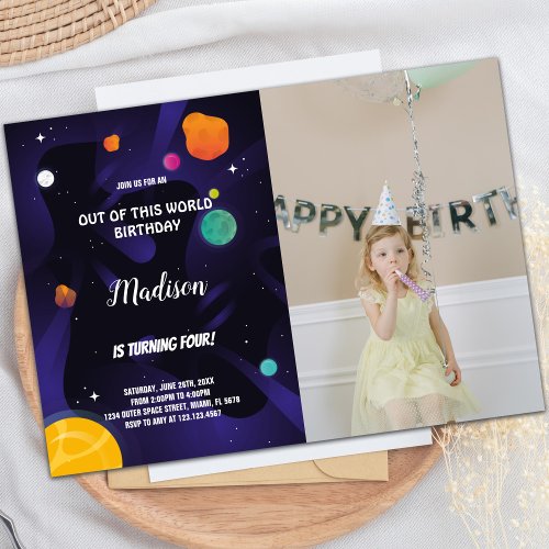 Black Purple Outer Space Birthday Invitations phot