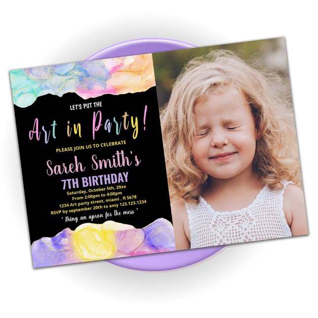 Black Purple Paint Birthday with Photo Invitation (Creator Uploaded)