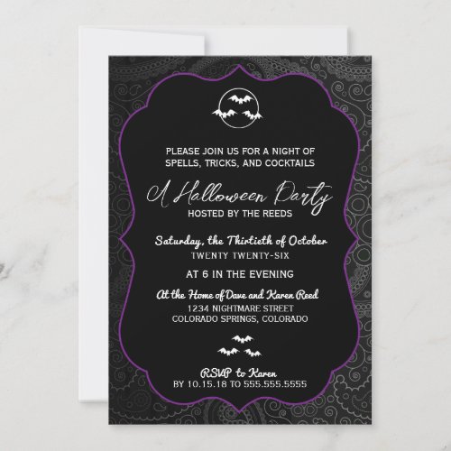 Black  Purple Paisley Bats Halloween Party Invitation