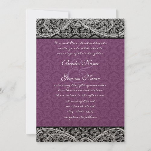 Black Purple Paisley Damask Wedding Invitation