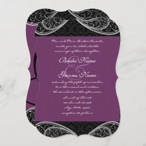 Black Purple Paisley Damask Wedding Invite