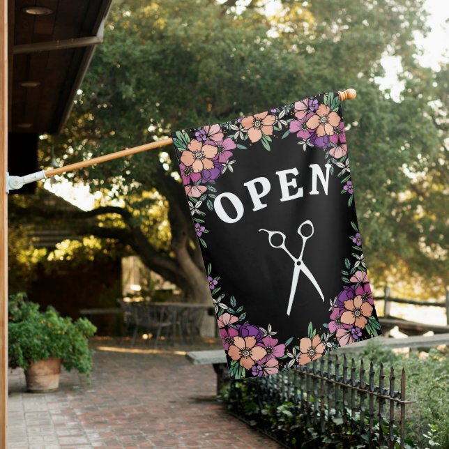 Black Purple Peach Flowers Hair Salon Open House Flag (In SItu)