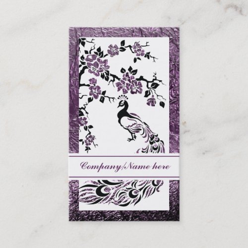 Black purple peacock and cherry blossoms business card