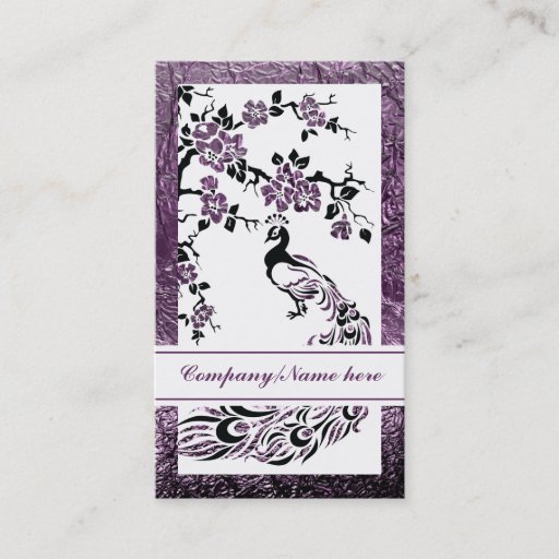Customizable Black, purple peacock and cherry blossoms business card
