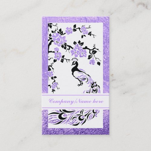 Black purple peacock and cherry blossoms business card