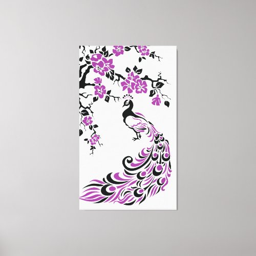 Black purple peacock and cherry blossoms custom canvas print
