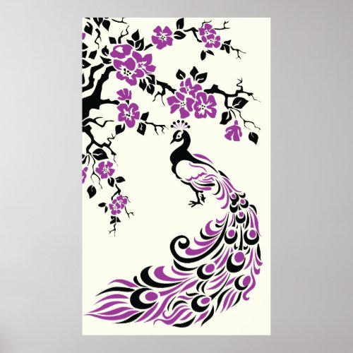 Black purple peacock and cherry blossoms poster