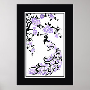 Black, purple peacock and cherry blossoms poster