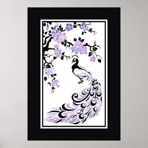 Black purple peacock and cherry blossoms poster