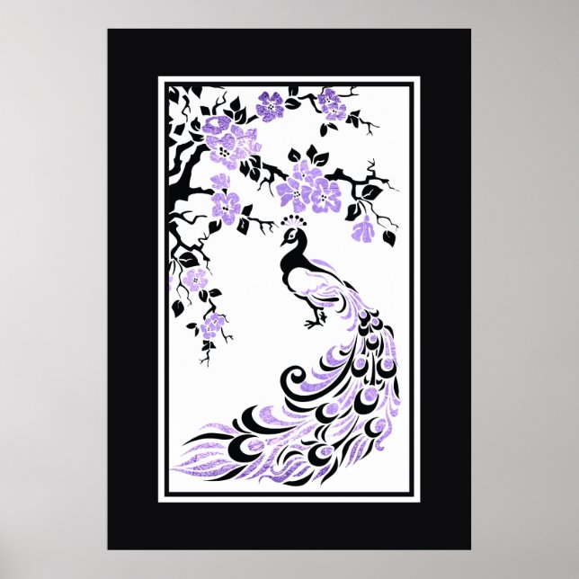 Black, purple peacock and cherry blossoms poster (Front)