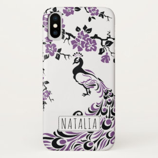 Black purple peacock & cherry blossoms art nouveau iPhone x case