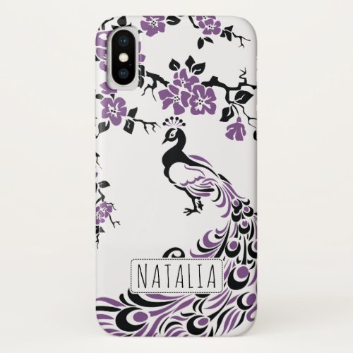 Black purple peacock  cherry blossoms art nouveau iPhone x case