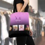 Black purple photo collage monogram tote bag<br><div class="desc">Make your own unique family photo collage.  Use four,  4 of your favorite photos of your kids,  family,  friends or pet! 
Modern,  feminine and glamorous with elegant black and purple gradient background. Templates for your monogram and name.  White and dark purple letters. 
With golden confetti rain as decor.</div>