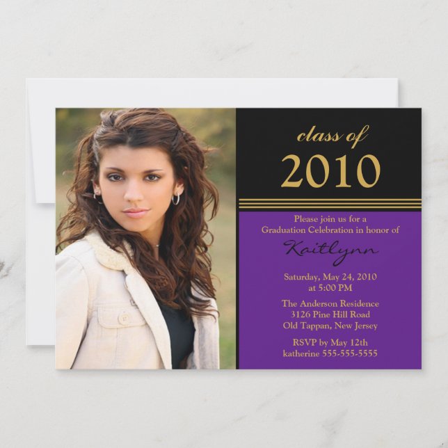 Black & Purple Photo Graduation Invitation (Front)
