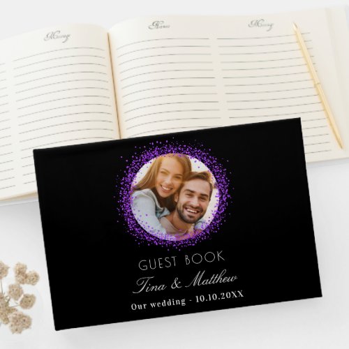 Black purple photo sparkles elegant wedding guest book