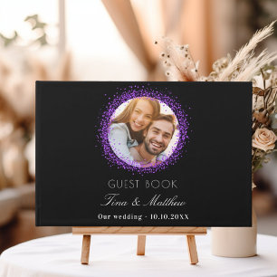 Black purple photo sparkles elegant wedding guest book