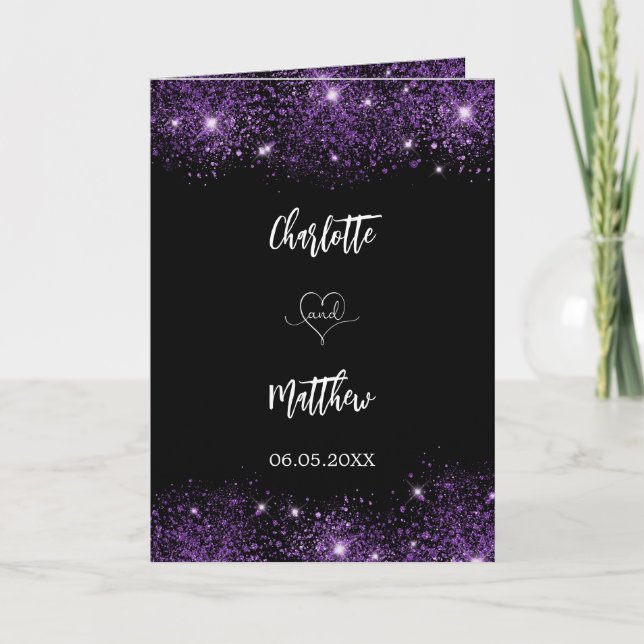 Black purple photo wedding thank you card (Front)
