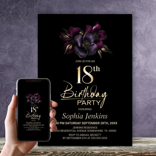 Black Purple Pink Floral 18th Birthday Party