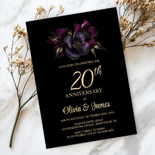 Black Purple Pink Floral 20th Anniversary Invitation
