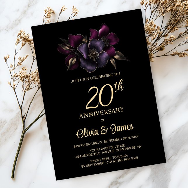 Black Purple Pink Floral 20th Anniversary Invitation (Creator Uploaded)