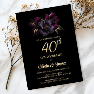 Black Purple Pink Floral 40th Anniversary Invitation