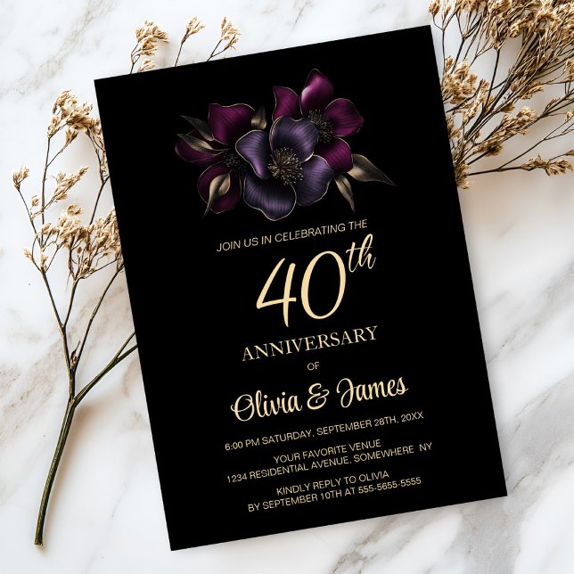 Black Purple Pink Floral 40th Anniversary Invitation (Creator Uploaded)