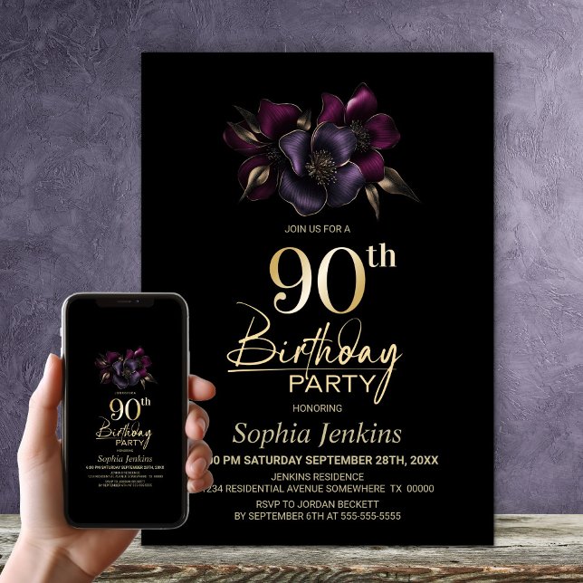 Black Purple Pink Floral 90th Birthday Party Invitation (Creator Uploaded)