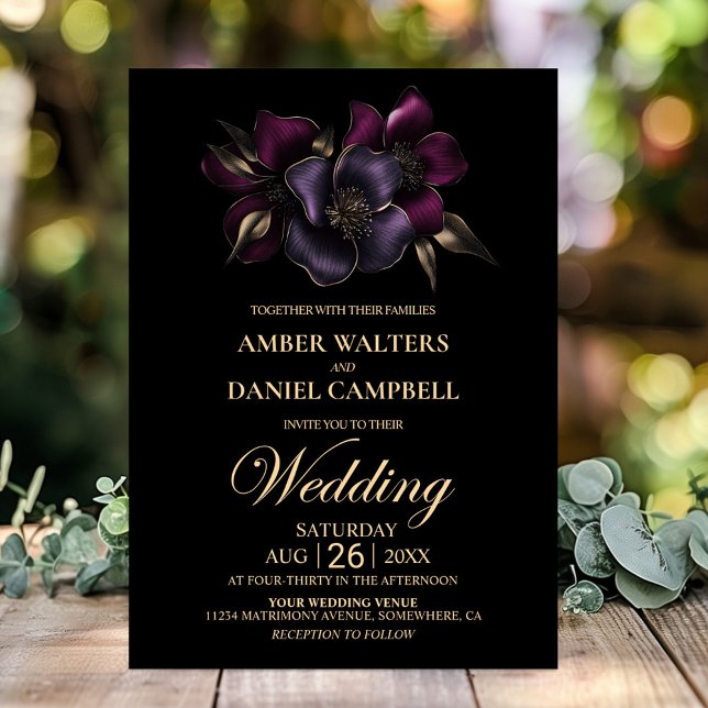 Black Purple Pink Floral Wedding Invitation (Creator Uploaded)