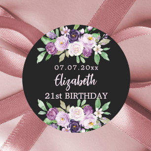 Black purple pink lavender florals birthday classic round sticker