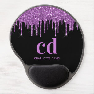 Black purple pink monogram name glitter drips gel mouse pad
