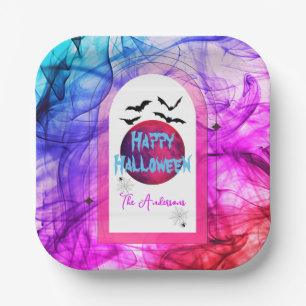 Black Purple Pink Spider Web Bats Happy Halloween Paper Plates