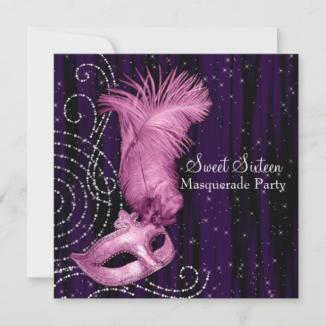 Black Purple Pink Sweet 16 Masquerade Party Invitation (Front)