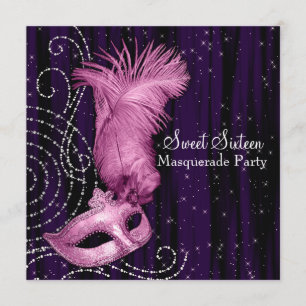 Black Purple Pink Sweet 16 Masquerade Party Invitation